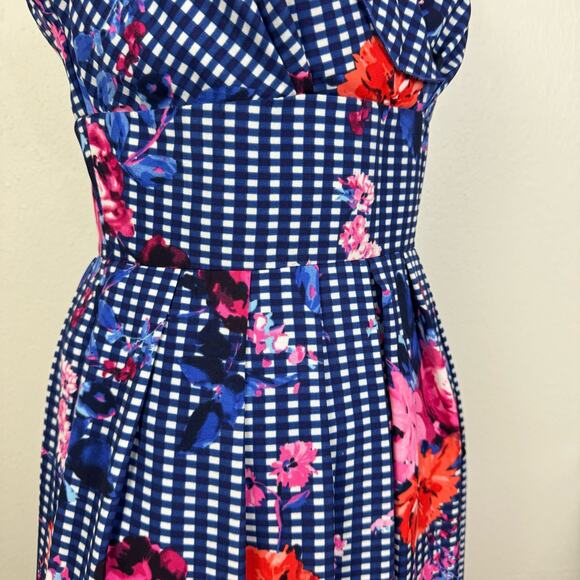 Chris McLaughlin | Blue White Checker Pink Floral Ruffle V-Neck Cap Sleeve Dress - Picture 6 of 12